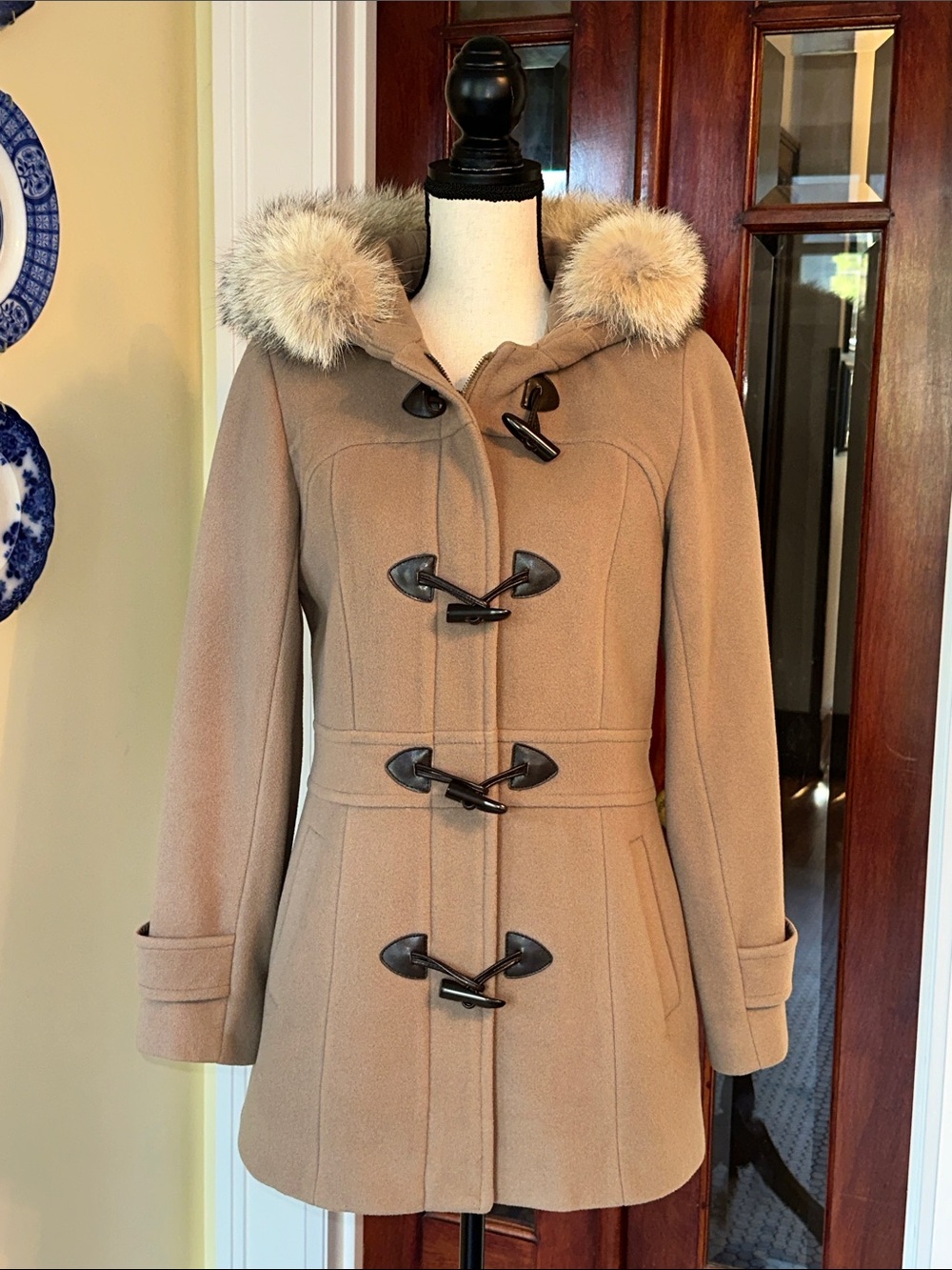 Marc New York | Wool Blend Toggle Duffle Coat Real Fur Hood Tan Camel, Size 6